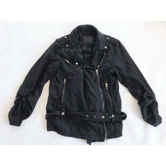 BLANKNYC Women's Sz M Black Tencel Moto Jacket Side Zip Belt Roll Tab Sleeves - Picture 8 of 9